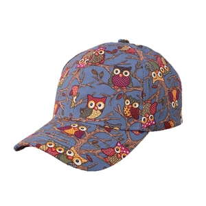 Blue canvas baseball cap with colorful owl print and curved brim for outdoor sun protection