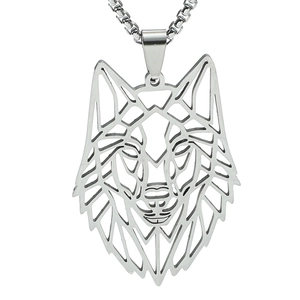 Minimalist silver wolf head pendant necklace with geometric hollow stainless steel design