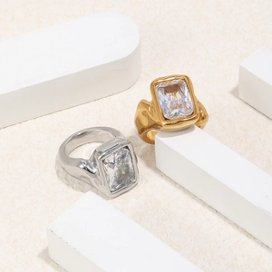 Rectangle Zircon Ring Stainless Steel 18K Gold Plated Melted Texture Chunky Wide Band Minimalist Jewelry For Women