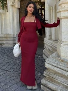 Robe Longue À Bretelles Sexy Et Hausse-Col Coupe Ajustée Fendue Sur Le Côté Avec Top Court Manches Longues Élégante