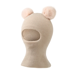 Winter knit balaclava for toddlers with double pink faux fur pom-poms in beige color