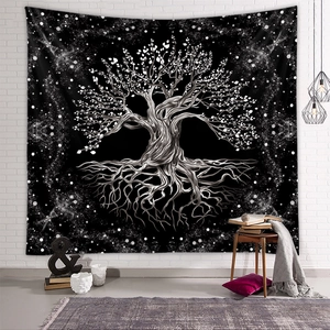 Detail of life tree tapestry on white brick wall with modern home decor background