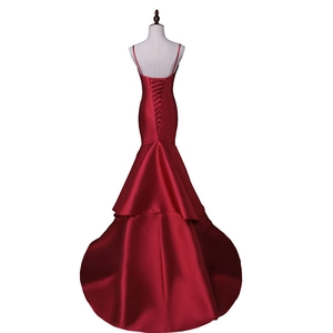 Elegant dark red satin mermaid evening gown with a criss-cross lace-up back and slim straps