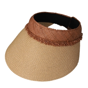 Summer UV straw open top visor hat with fringe trim and beige sun protection brim