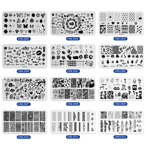 Set of 12 rectangular stainless steel nail art plates with floral and animal prints