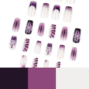 3D purple floral press-on nails with French gradient patterns and rhinestone accents