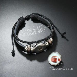 Bracelet ajustable en cuir tressé noir avec bouton pression football américain de 20mm