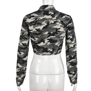 Detail view of the cropped camo jacket back with urban camouflage pattern and long sleeves