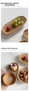 Macro view of handmade woven rattan tray set for snacks, fruit, and coasters