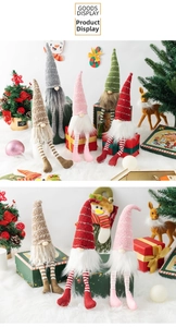 Detailed view of Christmas gnomes with striped knit hats and long dangling legs