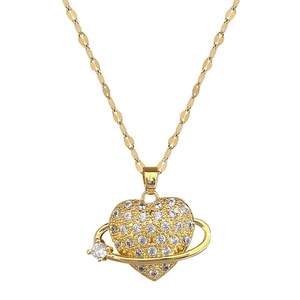 Titanium steel heart pendant necklace with shimmering cubic zirconia and gold chain