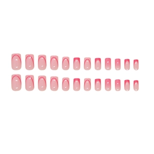24-piece set of rose red gradient french square press-on nails with minimalist red lines