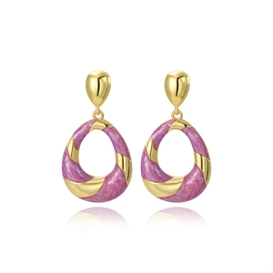Detailed view of pear-shaped gold earrings with purple marbled enamel texture