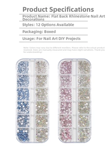 Detailed macro of 12-slot nail art crystal sets featuring blue and pink flatback rhinestones