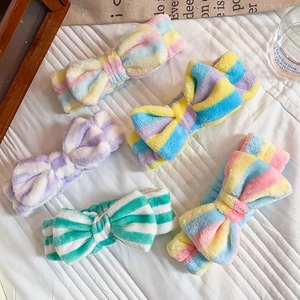 Five colorful striped plush bow headbands for washing face and makeup spa skincare