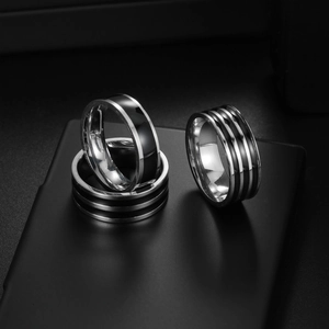 Stainless Steel Striped Band Rings Black Enamel Geometric Modern Fashion Jewelry For Men Women Industrial Style