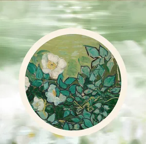 Detailed macro view of vintage oil painting style white flowers on a round carpet