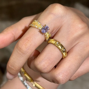 French Vintage Copper Open Ring With Purple Oval Zircon And Striped Texture For Women Elegant Adjustable Jewelry