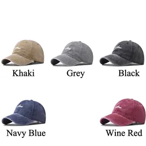 Classic washed cotton baseball caps with embroidered letters in five diverse colors