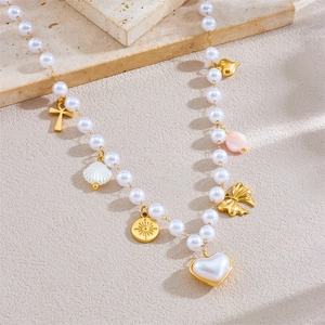 Gold plated stainless steel necklace with faux pearls and shell heart pendants