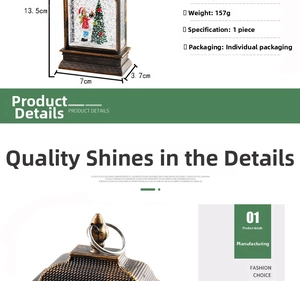 Detailed view of bronze Christmas lantern with Santa scene and dimensions 13.5x7x3.7cm