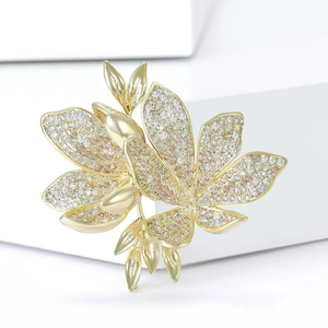 Elegant gold flower brooch with micro-pave zircons and delicate layered leaf design