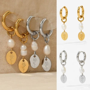 Stainless Steel Hoop Earrings With Irregular Artificial Baroque Pearl And Rose Flower Engraved Coin Pendant Vintage Elegant Women