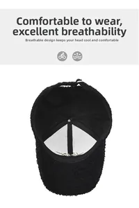 Detail of black faux fleece baseball cap interior showing breathable lining and strap