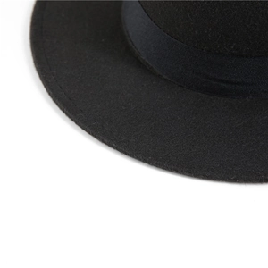 Classic black wool felt fedora hat featuring a wide brim and ribbed grosgrain ribbon band