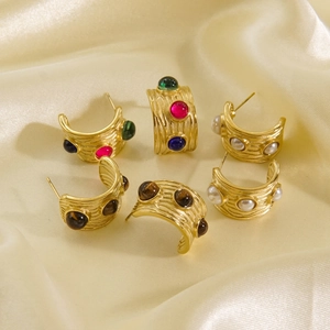 Vintage 14K gold C-shaped stainless steel earrings with gemstones and pearls on silk