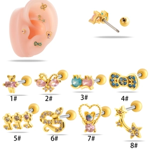 Set of 8 gold-plated stainless steel stud earrings with pink and blue zircon stones