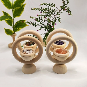 Vertical wooden essential oil diffusers with colorful crystals and natural salt rocks
