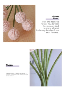 Detail of pink faux craspedia pompon flower with bendable iron wire stem for decor