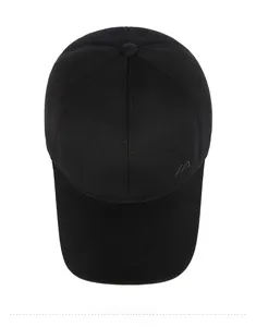 Top down view of black six-panel baseball cap with detailed embroidery and texture
