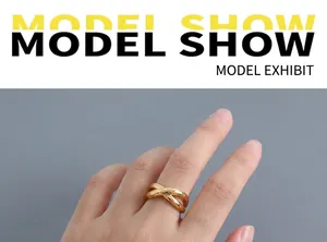 Gros plan d'une large bague entrelacée plaquée or 18 carats portée au doigt avec style
