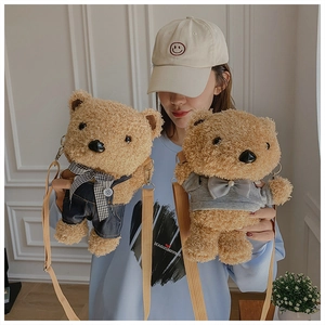 Model wearing cute teddy bear plush shoulder bags with adjustable straps in two styles