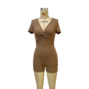 Slim fit deep V-neck dark brown ribbed knit romper with front twist detail for women