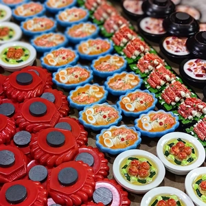 3D miniature food magnets set featuring crab, ramen and hot pot dishes for kitchen decor