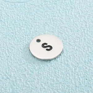 Silver titanium steel round charm with black enamel letter S for DIY jewelry making