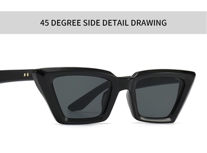 Detailansicht der schwarzen Cat-Eye-Sonnenbrille mit sternförmigen Metallnieten von der Seite