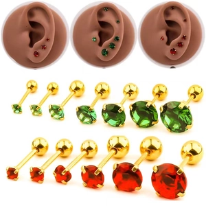 Titanium steel stud earrings with red and green zircon in various sizes for piercings