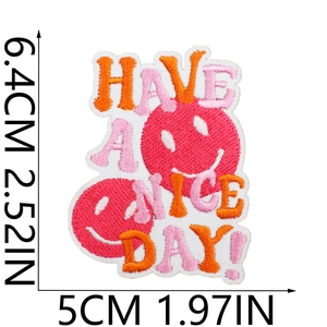 Detailed view of Have a Nice Day pink smiley embroidery patch with size dimensions