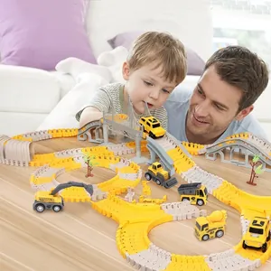 DIY construction track set with bridges and toy excavator vehicles for children