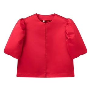 Elegant red short sleeve satin top featuring puffy sleeves and a lustrous silky finish