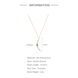 Detailed view of S925 sterling silver crescent necklace with turquoise and zirconia