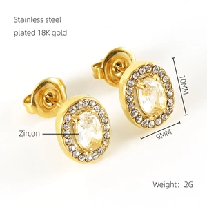Detail showing 18K gold plated stainless steel zircon stud earrings with product specs