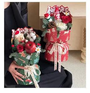 Detailed Christmas bouquet packaging with festive bear, roses, and Merry Christmas ribbons