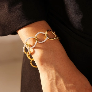 Luxurious 18k gold plated chunky link bracelet featuring sparkling pave diamond accents