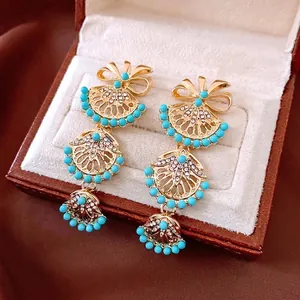 Boucles D'Oreilles Pendantes Vintage En Forme D'Éventail Avec Tige En Argent Alliage Strass Résine Nœud Bijoux Rétro