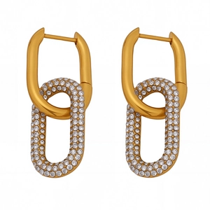 Boucles d'oreilles doubles ovales en acier inoxydable doré 304 avec zircons brillants